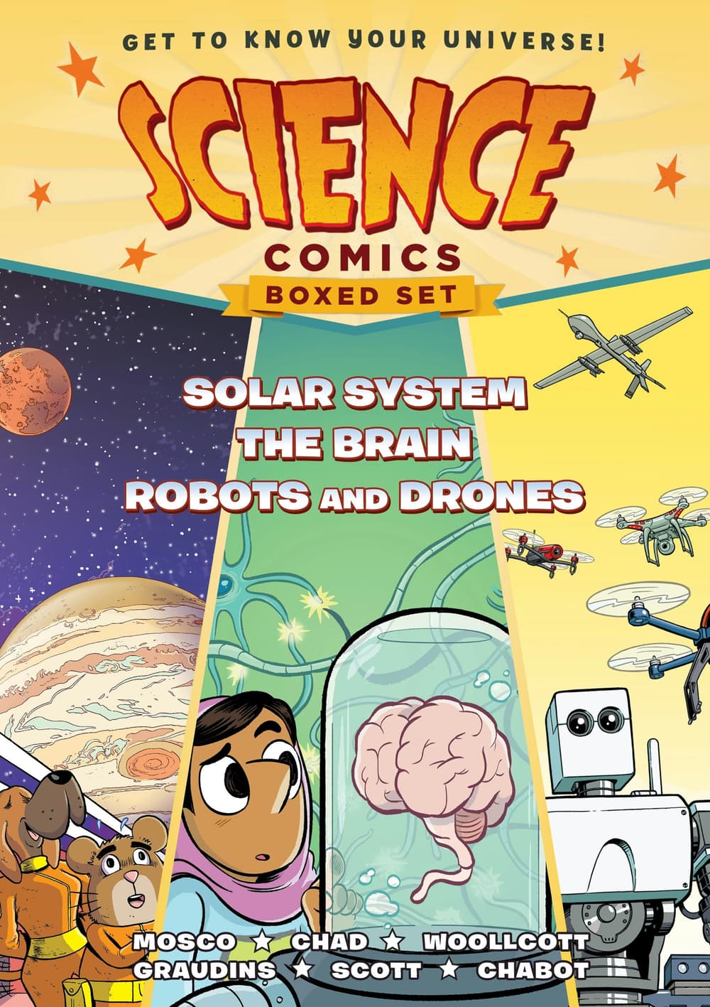 Book cover of 'Science Comics Boxed Set: Solar System, The Brain, and Robots and Drones'