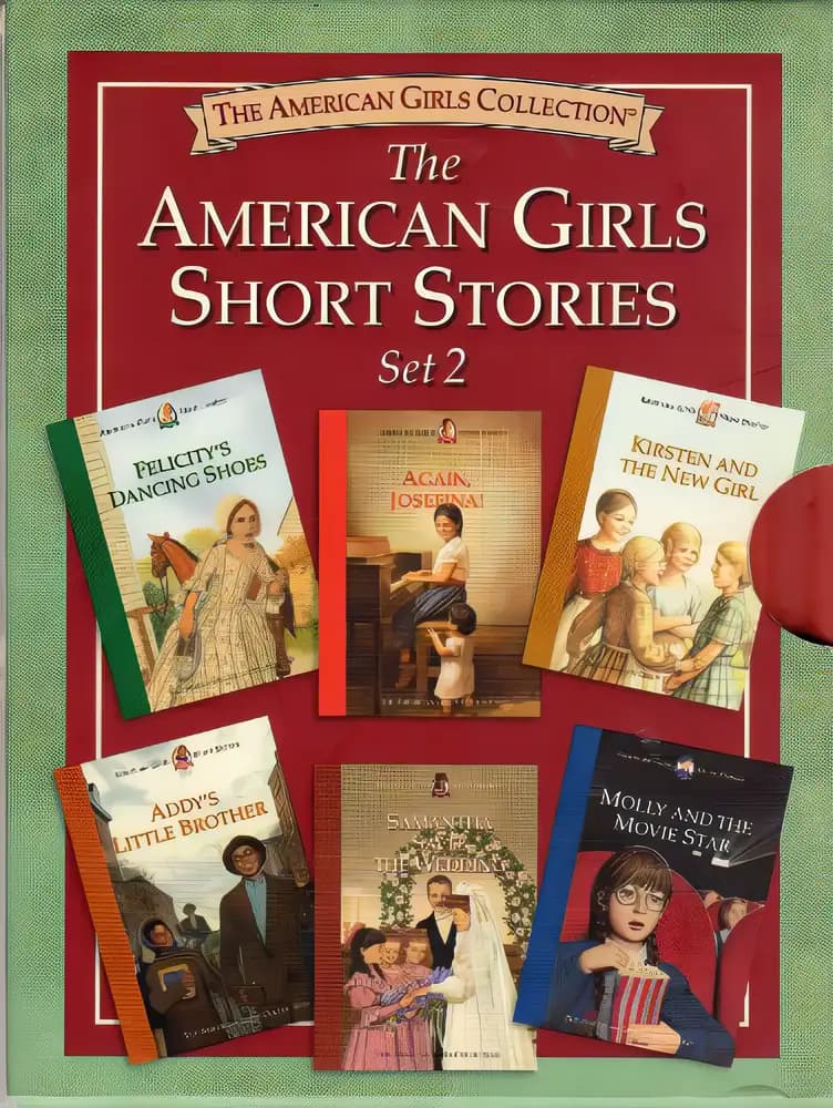 Book cover of 'The American Girls Short Stories, Set 2: Molly and the Movie Star, Samantha Saves the Wedding, Addy's Little Brother,Kirsten and the New Girl, Again, Josefina, Felicity's Dancing Shoes'