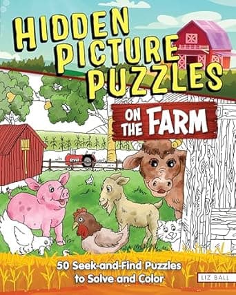 Book cover of 'Hidden Picture Puzzles on the Farm: 50 Seek-and-Find Puzzles to Solve and Color (Happy Fox Books) 850+ Hidden Objects and Farm Animals, Coloring Pages, and Fun Facts for Kids Ages 5 and Up'